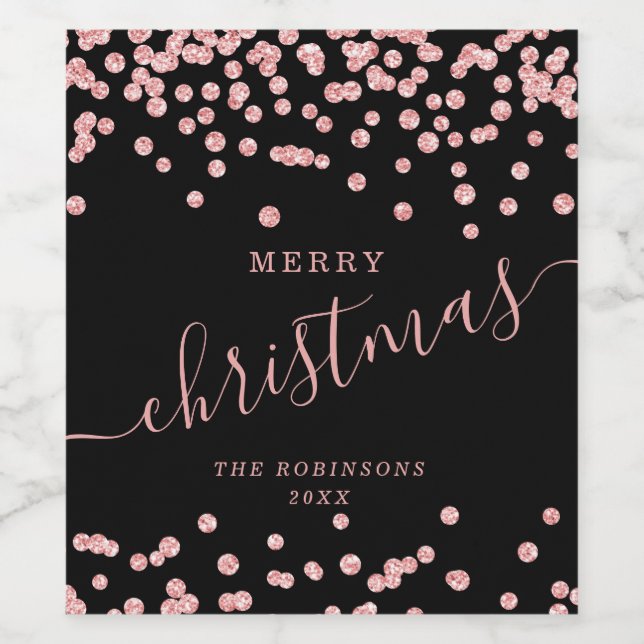 Rose Gold Holiday Christmas Glitter Confetti Black Wine Label (Single Label)