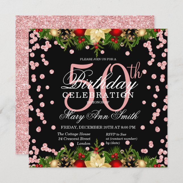Rose Gold Holiday Glitter 50th Birthday Black Invitation (Front/Back)
