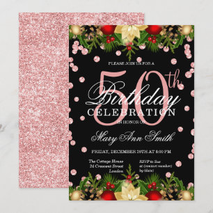 Rose Gold Holiday Glitter Glam 50th Birthday Invitation