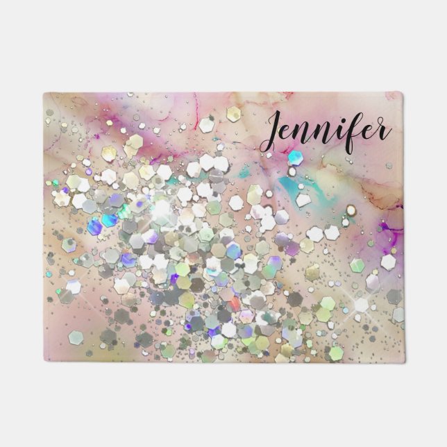 Rose Gold Holographic Glitter Girly Pastel Marble  Doormat (Front)