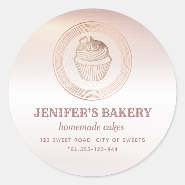 Rose gold  Homemade cupcakes and treats packaging  Classic Round Sticker (Front)
