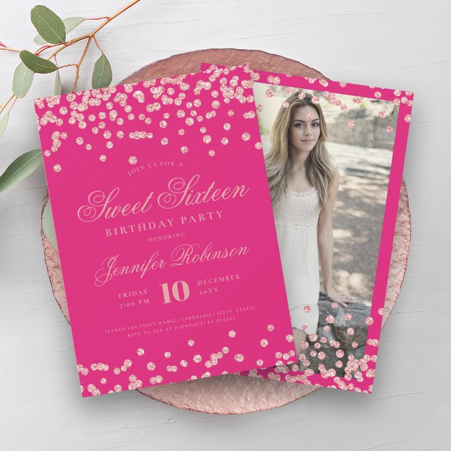 Rose Gold Hot Pink Confetti Photo Sweet 16   Invitation (Rose Gold Hot Pink Confetti Photo Sweet 16 Invitation)