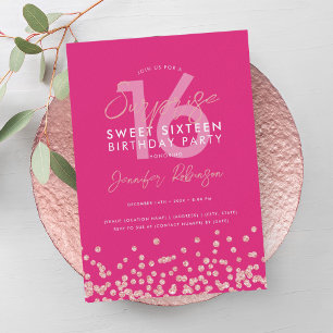 Rose Gold Hot Pink Glitter Surprise Sweet 16 Invitation