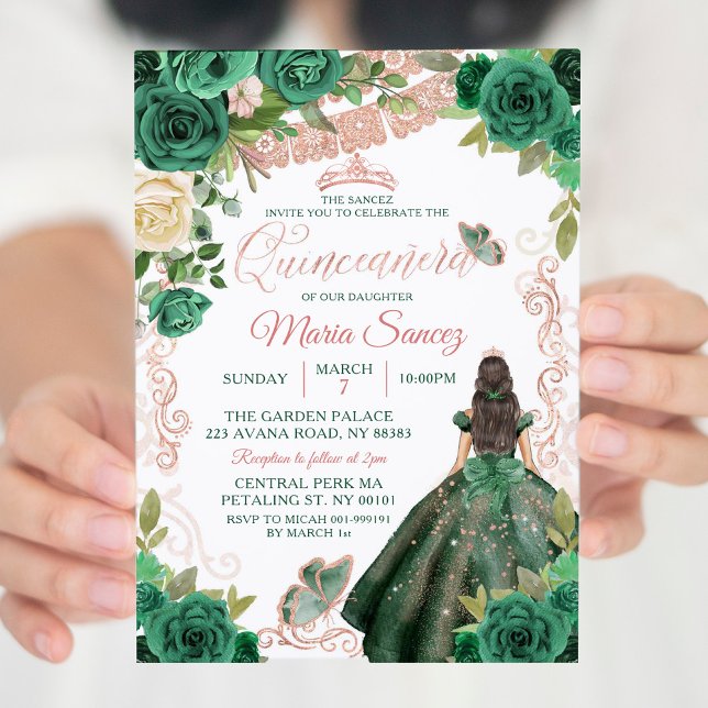 Rose Gold Hunter Green Mexican Floral Quinceañera Invitation (Creator Uploaded)