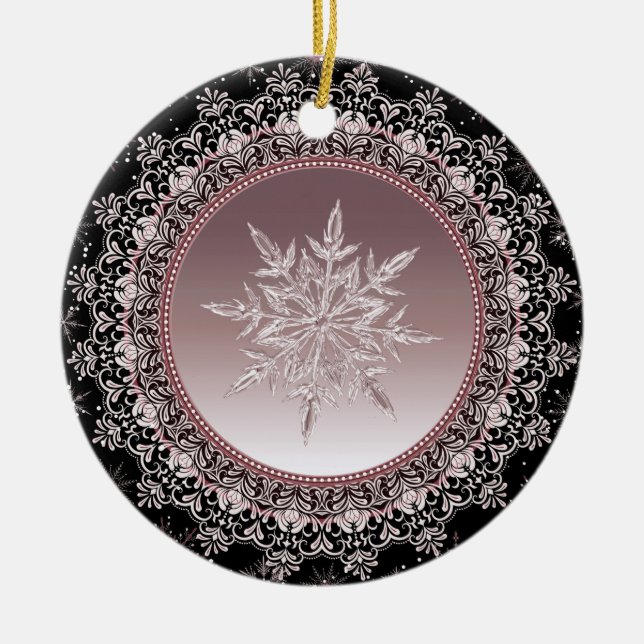 Rose Gold Ice Crystal Snowflake Ornament (Front)