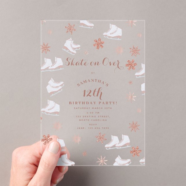 Rose Gold Ice Skates Blush Pink Skating Birthday Acrylic Invitations (Insitu (Handheld))