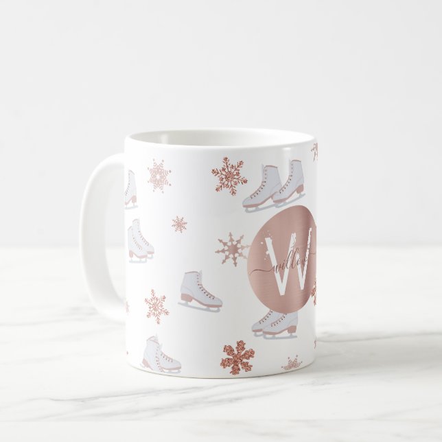 Rose Gold Ice Skates Blush Pink Skating Monogram Coffee Mug (Front Left)