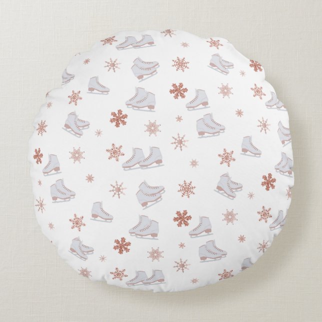 Rose Gold Ice Skates Blush Pink Skating Pattern Round Cushion (Front)