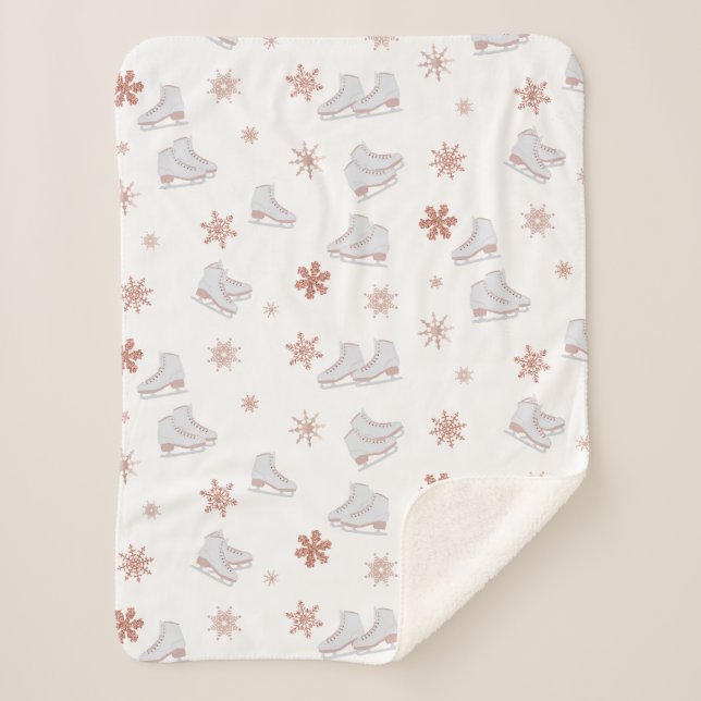 Rose Gold Ice Skates Blush Pink Skating Pattern Sherpa Blanket (Front)