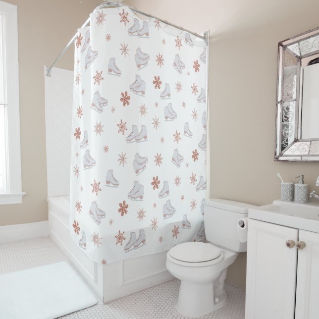 Rose Gold Ice Skates Blush Pink Skating Pattern Shower Curtain (In Situ)