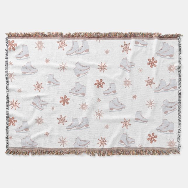 Rose Gold Ice Skates Blush Pink Skating Pattern Throw Blanket (Front)
