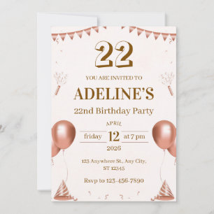 Rose Gold Illustrated 22nd Birthday Invitation