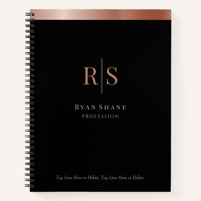 Rose Gold Initials, Business Name, Black/Grey Notebook (Front)