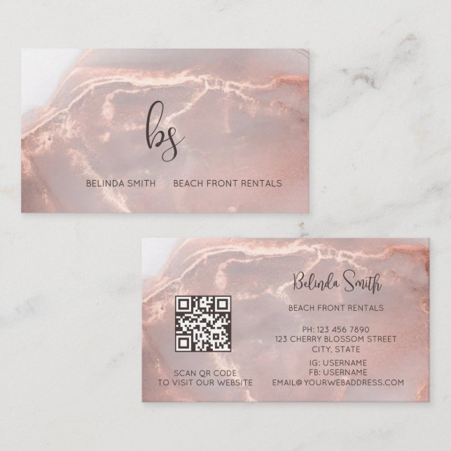 Rose Gold Ink Marble Black Initials Business Card (Front/Back)