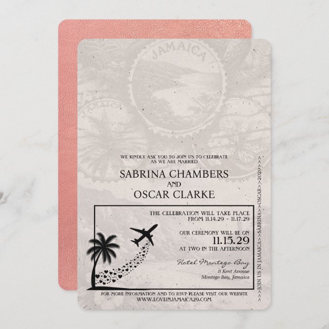 Rose Gold Jamaica Passport Wedding Invitation (Front/Back)