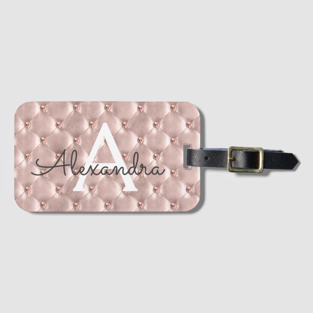 Rose Gold Jewelled Classic Monogram Name Luggage Tag (Front Horizontal)