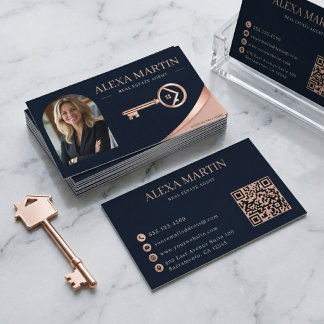 Rose Gold Key Photo QR Code Real Estate Agent Business Card
