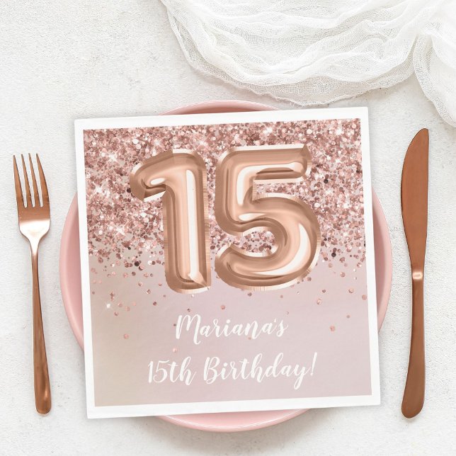  Rose Gold Kids Girl 15th Birthday Party Napkin (Creator Uploaded)