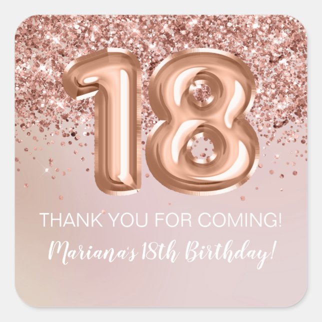 Rose Gold Kids Girl 18th Birthday Party Favour Square Sticker (Front)