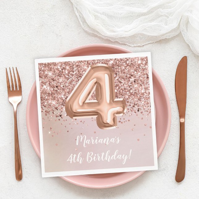  Rose Gold Kids Girl 4th Birthday Party Napkin (Creator Uploaded)