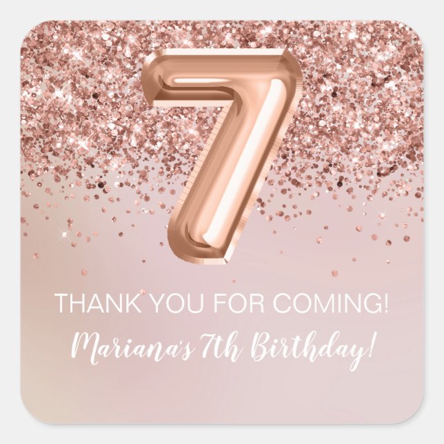 Rose Gold Kids Girl 7th Birthday Party Favour Square Sticker (Front)