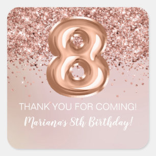Rose Gold Kids Girl 8th Birthday Party Favour Square Sticker