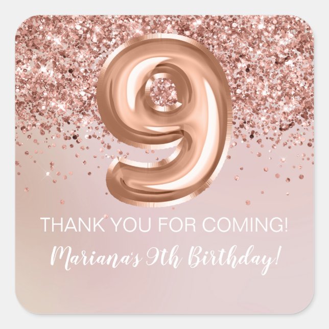 Rose Gold Kids Girl 9th Birthday Party Favour Square Sticker (Front)