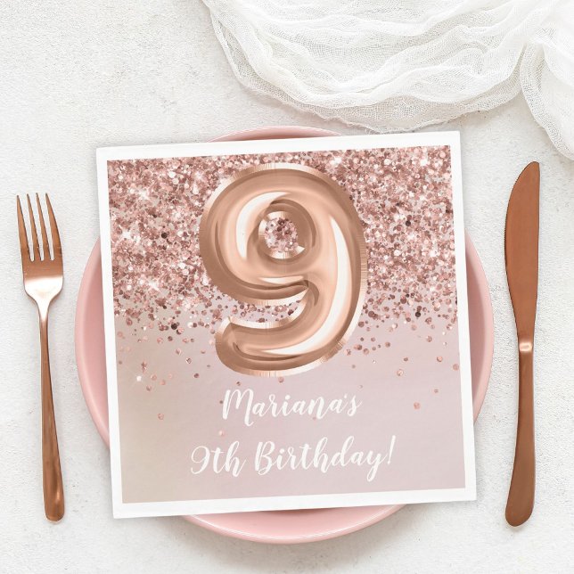  Rose Gold Kids Girl 9th Birthday Party Napkin (Creator Uploaded)