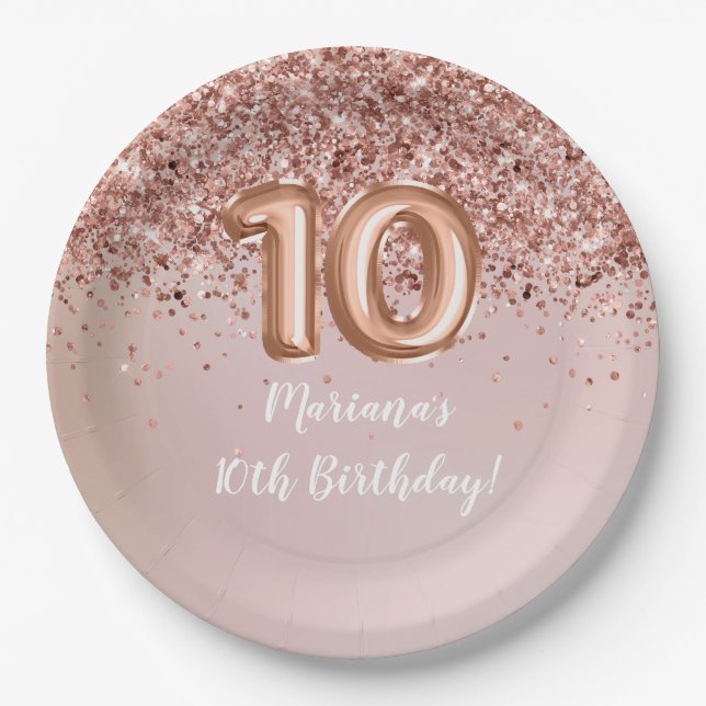  Rose Gold Kids Girly 10th Birthday Party Paper Plate (Front)