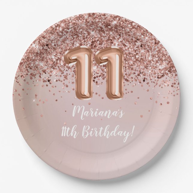  Rose Gold Kids Girly 11th Birthday Party Paper Plate (Front)