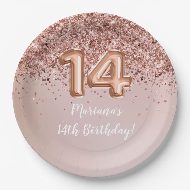  Rose Gold Kids Girly 14th Birthday Party Paper Plate (Front)