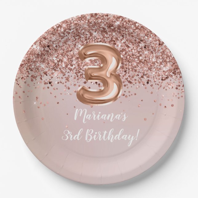  Rose Gold Kids Girly 3rd Birthday Party Paper Plate (Front)