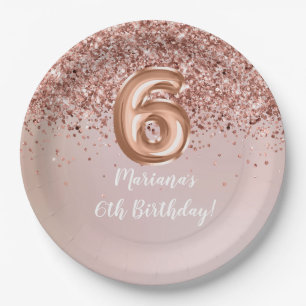Rose Gold Kids Girly 6th Birthday Party Paper Plate