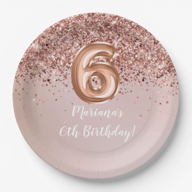  Rose Gold Kids Girly 6th Birthday Party Paper Plate (Front)