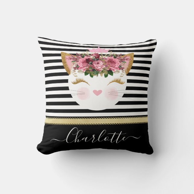 Rose gold kitty princess black white lines  cushion (Front)