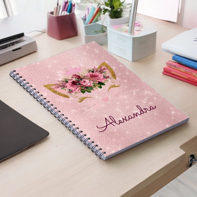 Rose Gold Kitty Sparkle Princess Monogram Name Notebook (Creator Uploaded)