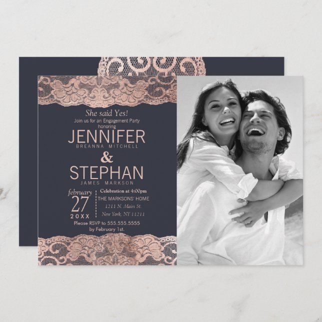 Rose Gold Lace and Navy Blue Engagement Invitation (Front/Back)