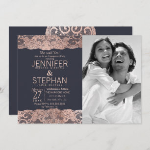 Rose Gold Lace and Navy Blue Engagement Invitation