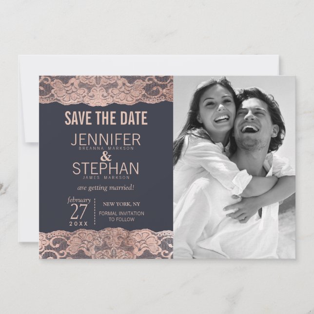 Rose Gold Lace and Navy Blue Save the Dates Save The Date (Front)
