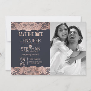 Rose Gold Lace and Navy Blue Save the Dates Save The Date