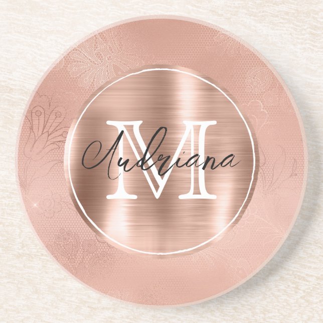 Rose Gold Lace Monogram and Name Coaster (Front)