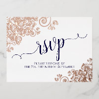Rose Gold Lace & Navy on White Wedding RSVP