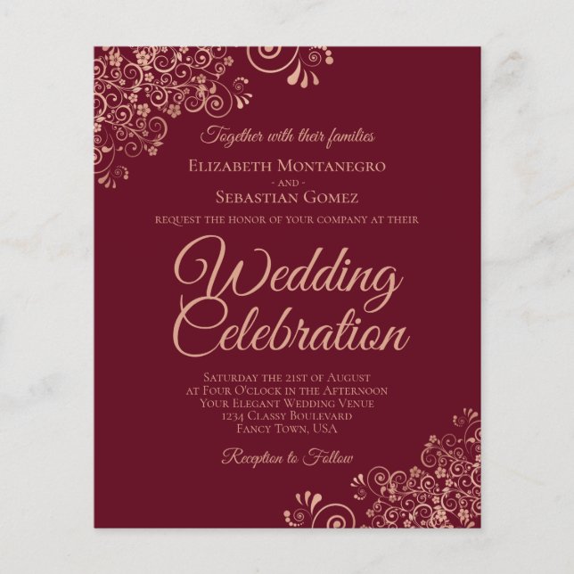 Rose Gold Lace on Burgundy BUDGET Wedding Invite (Front)