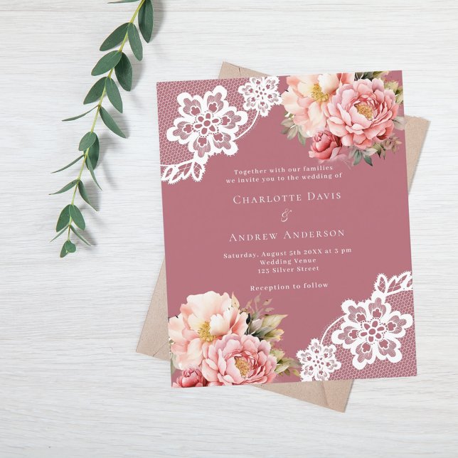 Rose gold lace pink floral wedding invitation (Creator Uploaded)