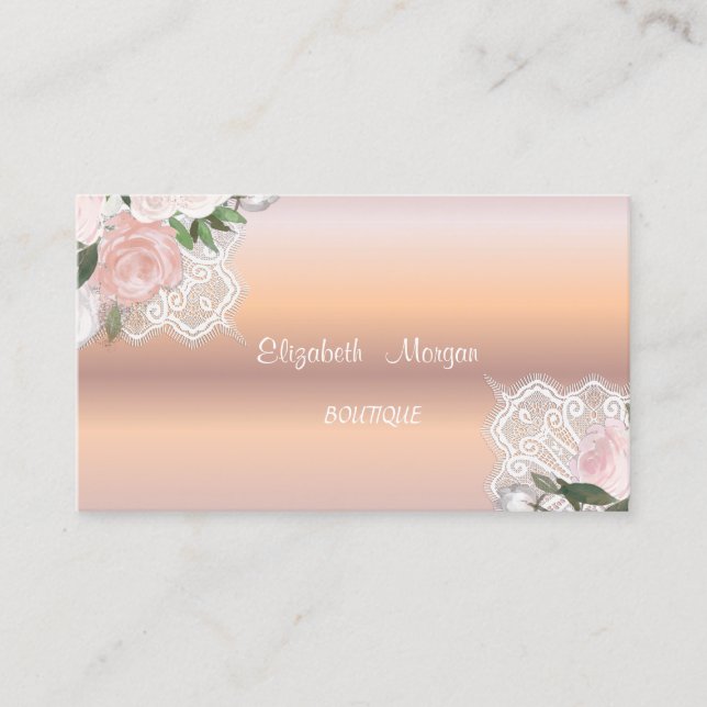 Rose Gold, Lace, Watercolor Flowers Business Card (Front)