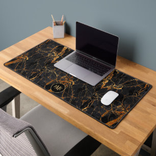 Rose Gold Laced Black Marbled Monogram Desk Mat