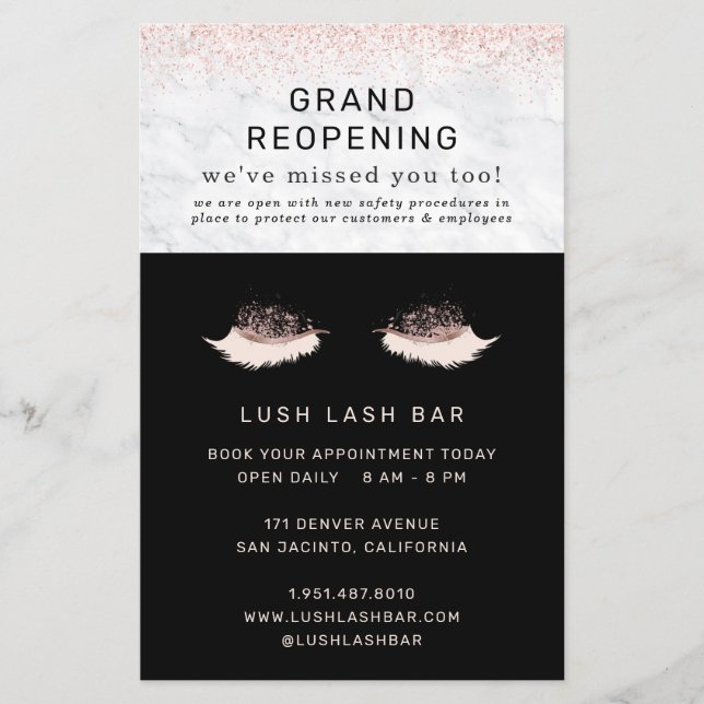 Rose Gold Lash Salon Grand Reopening Covid Safety Flyer (Front)