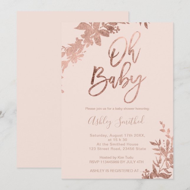 Rose gold leaf floral blush pink Oh baby shower Invitation (Front/Back)