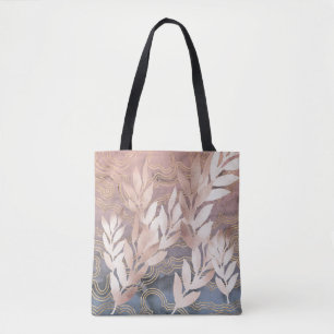 'Rose Gold' Leaf Fronds on Pink/Blue Waves Bkgrnd Tote Bag