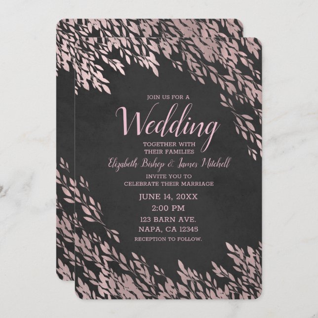 Rose Gold Leaves Black Chalk Chic Rustic Wedding Invitation (Front/Back)
